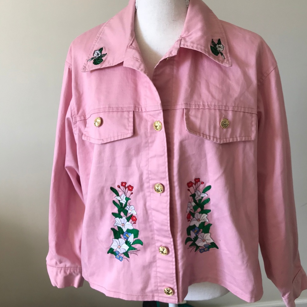 HANDMADE VINTAGE PINK DENIM JACKET FLORAL DETAILS